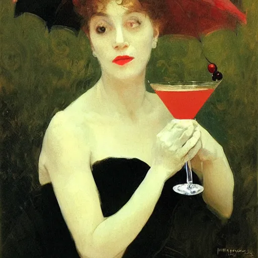 Prompt: portrait of a mysterious woman drinking a martini, by Ilya Repin and Dave McKean