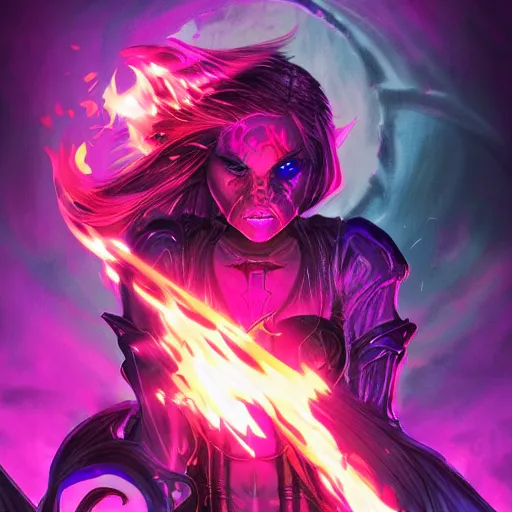 Image similar to pyromancer devil girl cover in purple death flames, deep pyro colors, purple laser lighting, micro macro autofocus, evil realm magic painting vibes