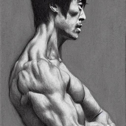 Prompt: Drawing sketch of Bruce Lee, by Ilya Repin, Michelangelo, chalk, charcoal, russian academic, musculature