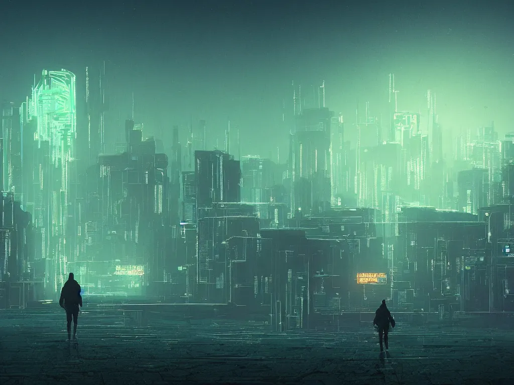 Image similar to synthwave landscape of a lone traveler walking towards a distant cyberpunk castle , cyberspace, grid, virtual, night, wireframe, by John Smith, by Alena Aenami, by Greg Rutkowski, wide angle, highly detailed, cinematic, Blue and Green color scheme