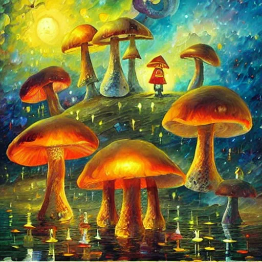 Prompt: glowing mushroom village, art by james christensen, rob gonsalves, paul lehr, leonid afremov and tim white