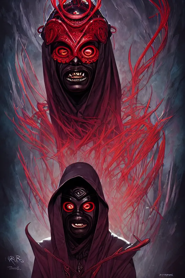 Image similar to a striking portrait of a pitch black masked eldritch shaman with sinister red eyes by moebius and ross tran and artgerm deta