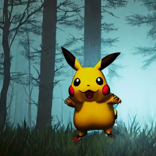 Image similar to 3 d realistic pikachu eating a survivor from the game dead by daylight, dark lighting and heavy fog, videogame screenshot of mori animation