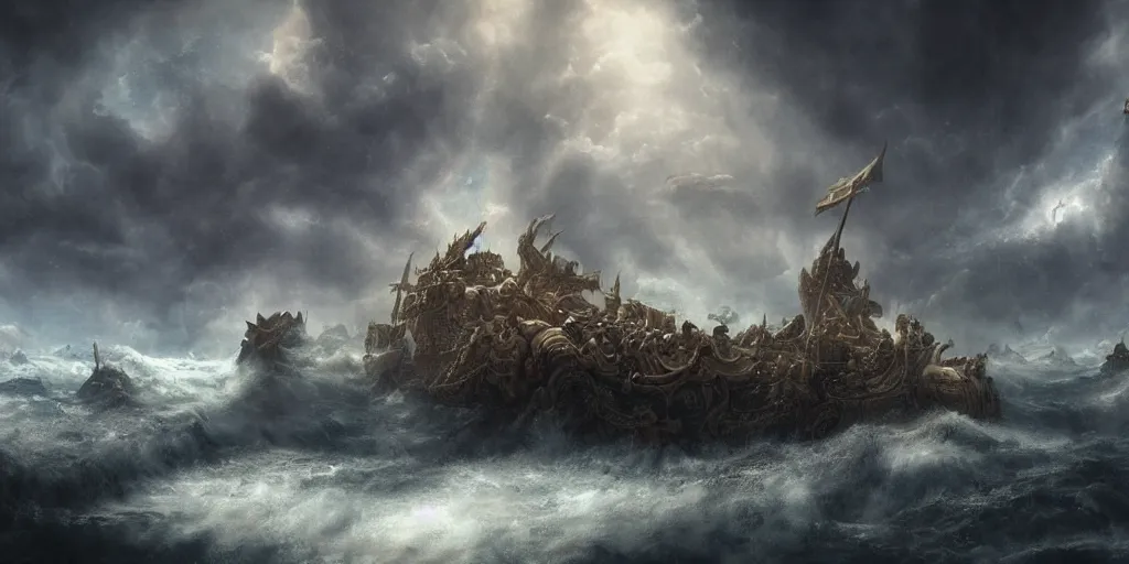 Prompt: highly detailed matte painting of leviathan and noah's ark with warriors on winged horses fighting in the stormy sky above, featured on artstation