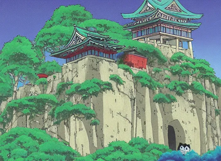 Image similar to japanese fortress in a city inside the forest by studio ghibli painting