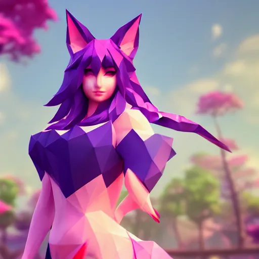 Image similar to low poly simple art of Ahri from league of legends, 8k resolution, high detail, ULTRA REALISTIC VFX, reflections, post processing
