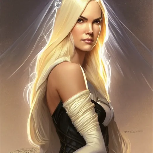 Image similar to Odette Annable with blonde hair as Emma Frost, western, D&D, fantasy, intricate, elegant, highly detailed, digital painting, artstation, concept art, matte, sharp focus, illustration, art by Artgerm and Greg Rutkowski and Alphonse Mucha