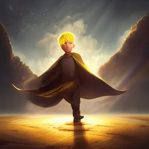 Image similar to blonde boy with bright yellow eyes wearing a brown cape and flying in t pose, space background, greg rutkowski