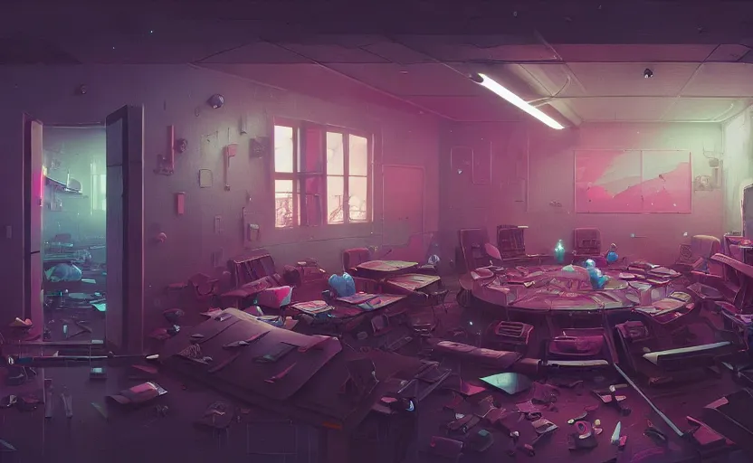 Image similar to Interior shot of a secret mysterious war room by Petros Afshar and Beeple, James Gilleard, Mark Ryden, Wolfgang Lettl highly detailed