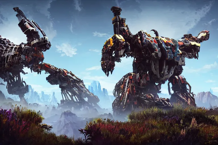 Image similar to sawtooth machine mecha animal beast robot of horizon forbidden west horizon zero dawn bioluminiscence global illumination ray tracing hdr fanart arstation by sung choi and eric pfeiffer and gabriel garza and casper konefal