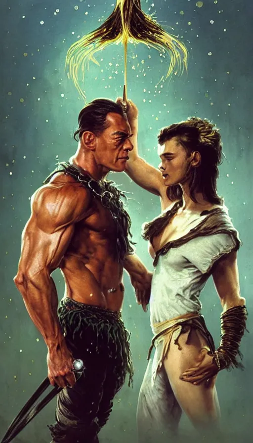 Image similar to young jean claude van damme and a young peasent woman, lord of the rings, conan, amazing beauty, visor, neon tattoo, styled hair, decorated ornaments by carl spitzweg, ismail inceoglu, vdragan bibin, hans thoma, greg rutkowski, alexandros pyromallis, perfect face, fine details, realistic shaded