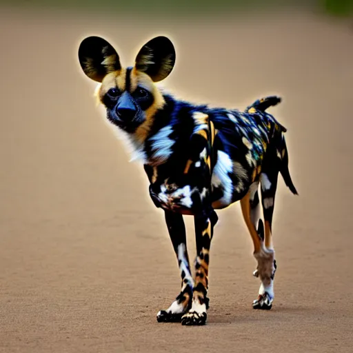 Image similar to A photo of the world's greatest showman: the african wild dog dressed in a hat!