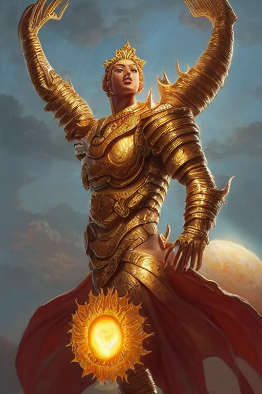 Image similar to apollo humanoid god of the sun, highly detailed, d & d, fantasy, highly detailed, digital painting, trending on artstation, concept art, sharp focus, illustration, art by artgerm and greg rutkowski and magali villeneuve