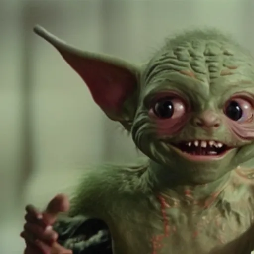 Image similar to a film still of gremlin grinning evily with a scar on its face in star wars realistic, detailed