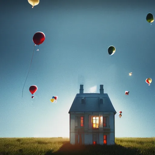 Image similar to a foating house in mid air held by ballons, dept of field, cinematic, volumetric lightening, octane render