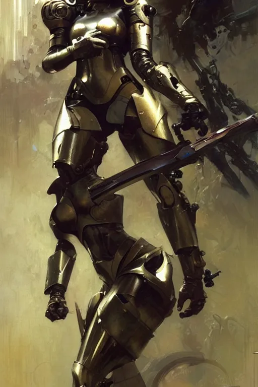 Image similar to futuristic women with medieval armor cyborg fighting dynamic poses, holding a gunsword, detail, beautifull face, no blur, painting by gaston bussiere, craig mullins, greg rutkowski, yoji shinkawa, sorayama