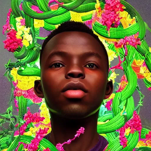 Prompt: colourful vfx art - portrait of nigerian boy wrapped in flowers & vines, art by utagawa kunisada & james jean, volumetric light, ray tracing, unreal engine, octane render, sharp, detailed, digital painting, illustration, highly detailed, intricate detail, pinterest, behance, art station,