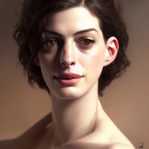 Image similar to a portrait painting of anne hathaway / rachel lane hybrid in the oil painting unreal 5 daz. rpg portrait, extremely detailed artgerm greg rutkowski alphonse mucha vladimir volegov