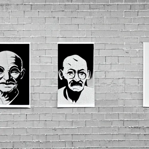 Prompt: propaganda posters of ghandi, evil, 4 k, stapled to a colourless white brick wall