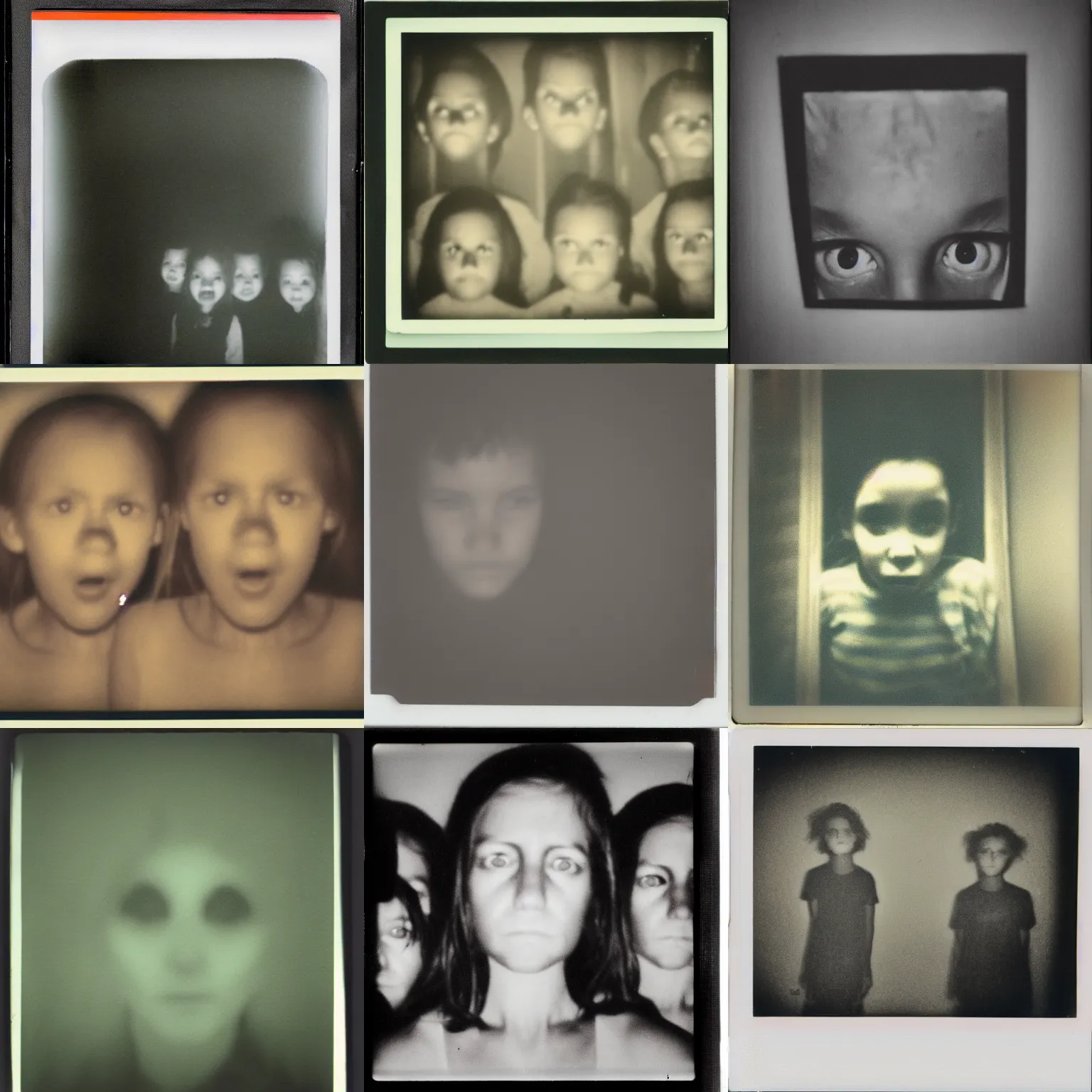Prompt: grainy polaroid photo of dark scary wide eyed faces looking in the window at night lit by camera flash