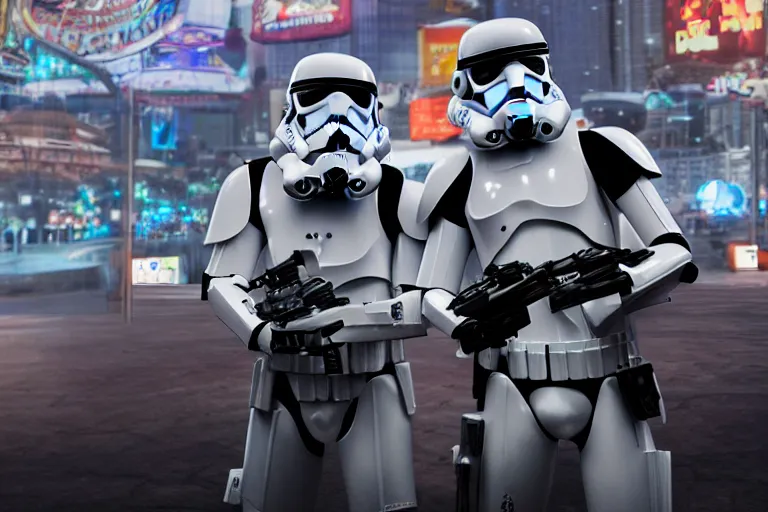 Image similar to a photo of two stormtroopers taking a selfie in las vegas casino, hyper realistic, ambient lighting, concept art, intricate, hyper detailed, smooth, dynamic volumetric lighting, octane, raytrace, cinematic, high quality, high resolution, 4 k