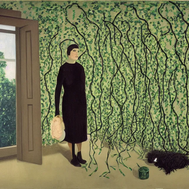 Image similar to a pathology student in her apartment, wrapped in vines, large stones, pig, black walls, black armchair, puddles, moss, acrylic on canvas, surrealist, by magritte and monet