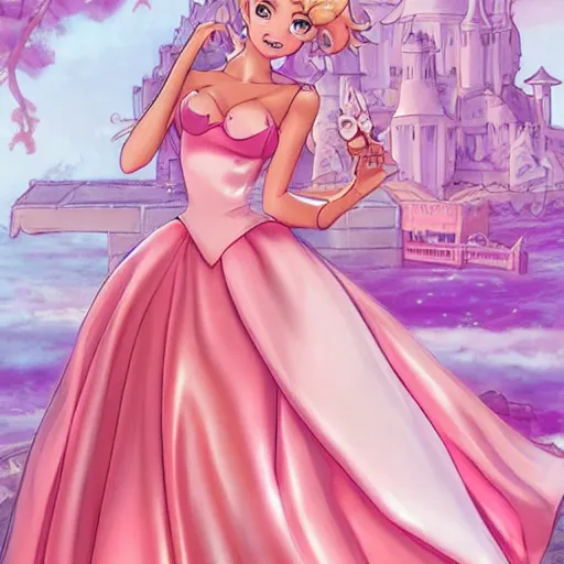 Image similar to beautiful princess peach in a skintight pink satin prom dress on the beach drawn by artgerm