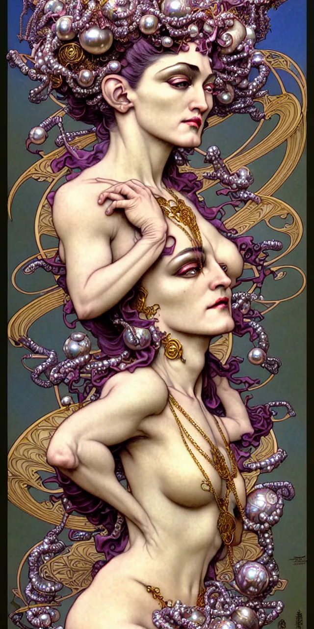 Image similar to beautiful madonna art nouveau fantasy character portrait, ultra realistic, intricate details, the fifth element artifacts, highly detailed by peter mohrbacher, hajime sorayama, wayne barlowe, boris vallejo, aaron horkey, gaston bussiere, craig mullins alphonse mucha, art nouveau curves swirls and spirals, flowers pearls beads crystals jewelry goldchains scattered