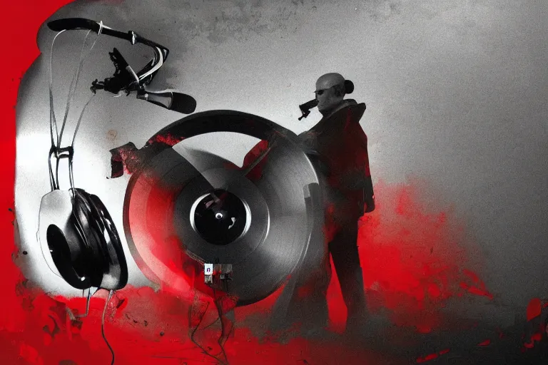 Image similar to an expressive portrait of agent 4 7 from hitman wearing headphones and putting a vinyl record onto a turntable, dark background, red rim light, digita, l