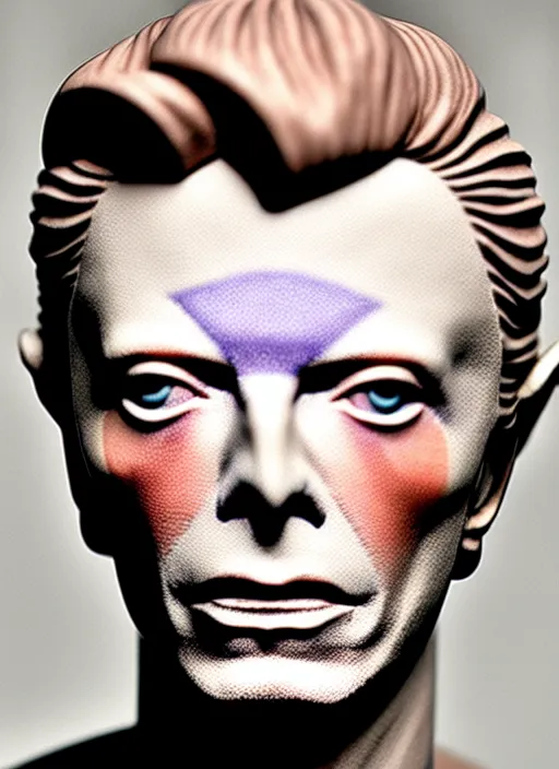 Image similar to David Bowie , A Close up photo-real delicate ceramic porcelain sculpture of a symmetrical ornate detailed in front of an intricate background by Victo Ngai and takato yamamoto, micro detail, backlit lighting, face in focus, subsurface scattering, translucent, thin porcelain, octane renderer, colorful, physically based rendering, japanese pottery, trending on cgsociety