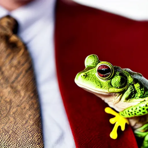 Image similar to a high detail closeup photograph of a 🐸 wearing a suit 👔,and smoking a cigarrette🚬, award wining photograph