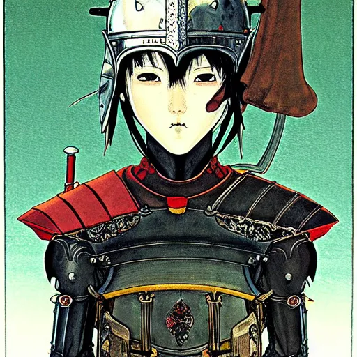 Image similar to prompt : portrait of knight painted in miyazaki color style drawn by katsuhiro otomo and takato yamamoto, inspired by fables, china doll face, smooth face feature, intricate oil painting, high detail, sharp high detail, manga and anime 2 0 0 0