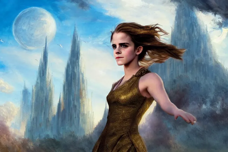 Image similar to emma watson, first person view, fantasy, painting, ultra realistic!!!, clear weather, golden hour, sharp focus