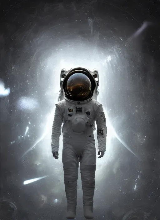 Image similar to concept art by craig mullins astronaut in futuristic dark and empty spaceship underwater. infrared glowing lights. complex and hyperdetailed technical suit. reflection and dispersion materials. rays and dispersion of light. volumetric light. 5 0 mm, f / 3 2. noise film photo. flash photography. unreal engine 4, octane render. interstellar movie art