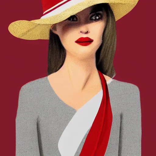 Prompt: elegant girl in a hat with red strip, digital art