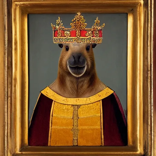 Image similar to “An oil painting portrait of a capybara wearing medieval royal robes and an ornate crown on a dark background”