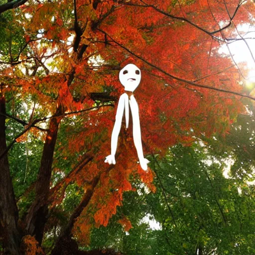 Prompt: stringed puppet hanging from tree, autumn, sunset, creepy atmosphere