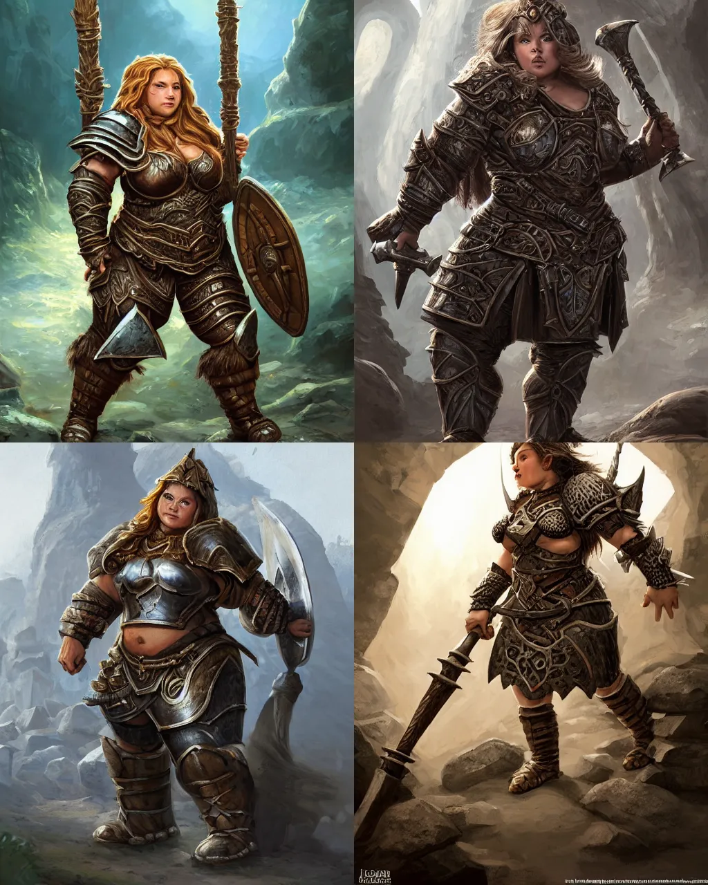 Prompt: robust female dwarf warrior wearing heavy plate armor, strong chubby stocky body, at the stone ruins, rpg artwork, hyperdetailed, hyperrealistic, soft light, imposing presence, jeff easley and scott m fischer, artstation, intricate metal, smooth, sharp focus