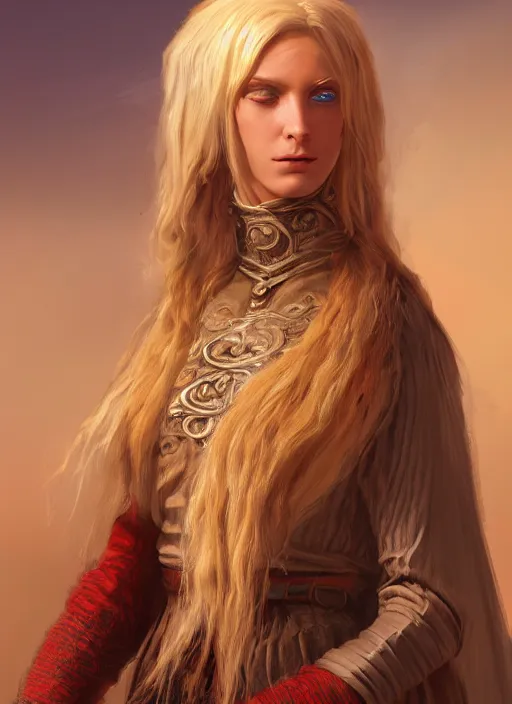 Image similar to blonde peasant woman, fantasy, medieval, vivid colors, fantasy, elegant, concept art, sharp focus, beautiful face!!, digital art, hyper - realistic, 4 k, unreal engine, highly detailed, hd, dramatic lighting by brom, trending on artstation