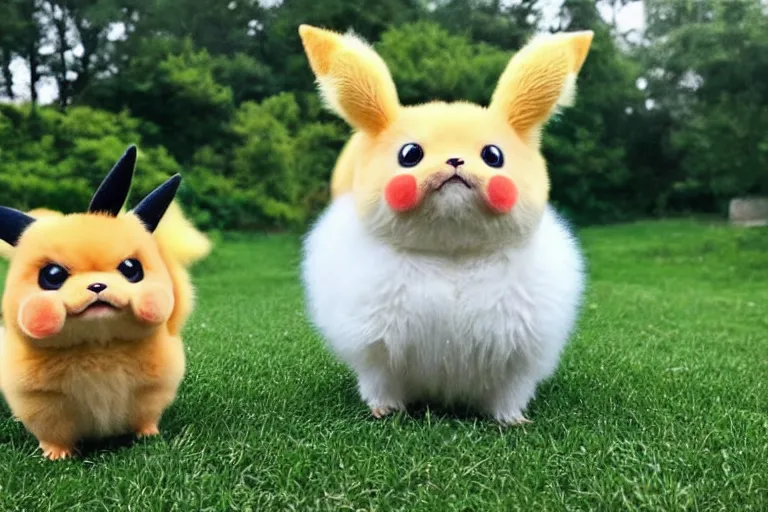 Image similar to real life pokemon, cute!!!, heroic!!!, adorable!!!, playful!!!, chubby!!! fluffly!!!, happy!!!, cheeky!!!, mischievous!!!, ultra realistic!!!, spring time, slight overcast weather, golden hour, sharp focus