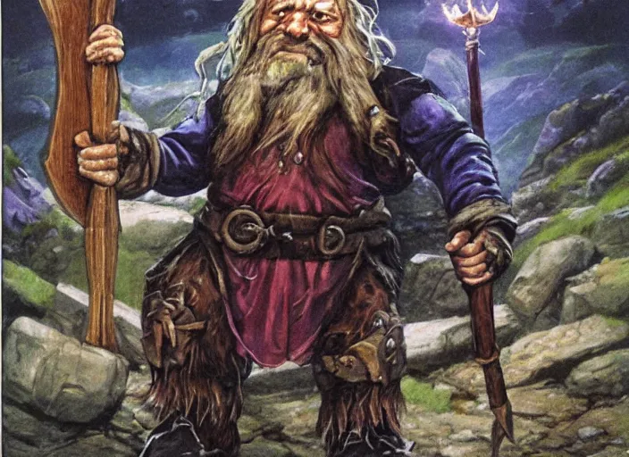 Image similar to a dwarf sorcerer holding a pickaxe and a large jewel. his eyes are glowing. high fantasy art ( 1 9 8 7 )