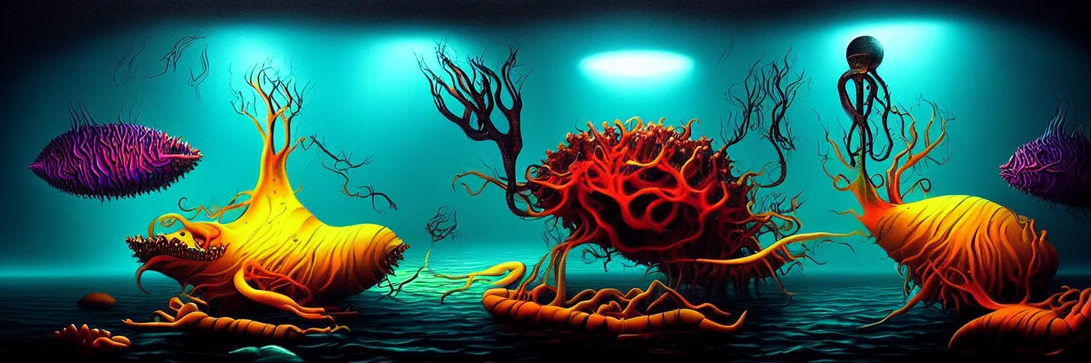 Prompt: strange sea creatures from the depths of the collective unconscious, dramatic lighting, surreal darkly colorful painting by ronny khalil