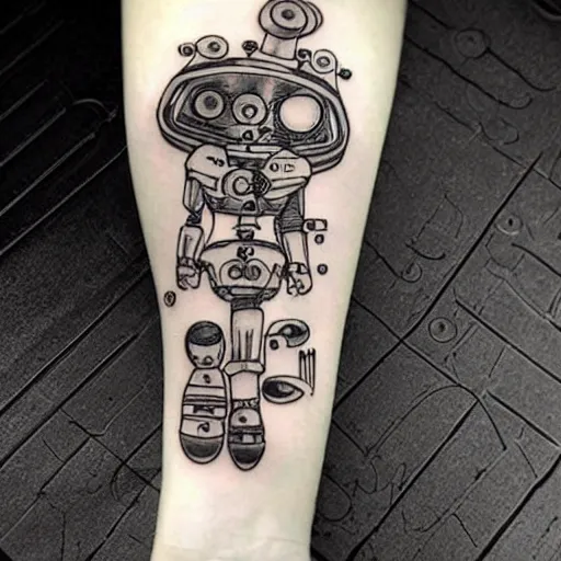 Image similar to Anime manga robot!! cat tattoo, cyborg cat, exposed wires and gears, fully robotic!! cat, manga!! in the style of Junji Ito and Naoko Takeuchi, tattoo on upper arm