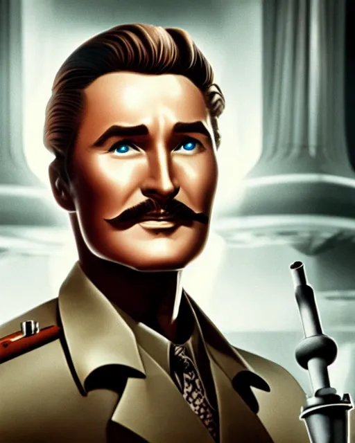 Prompt: Errol Flynn as a scientist. 1980s dystopian Soviet Russia, propaganda screens. Unreal engine, fantasy art by Sergey Grechanyuk. Faithfully depicted facial expression, perfect anatomy global illumination, radiant light, detailed and intricate environment