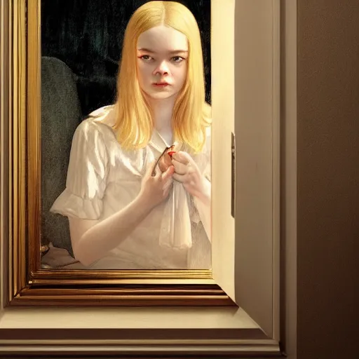 Prompt: Elle Fanning in a dark room, artstation, by Norman Rockwell, Extremely detailed. 4K. Award winning.