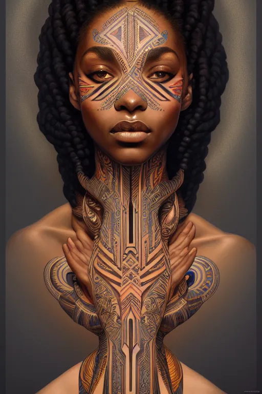 Image similar to symmetrical body portrait of beautiful nubian tribal tattooed young woman, intricate, elegant, highly detailed, digital painting, artstation, concept art, smooth, sharp focus, illustration, art by artgerm and greg rutkowski and alphonse mucha, 8 k