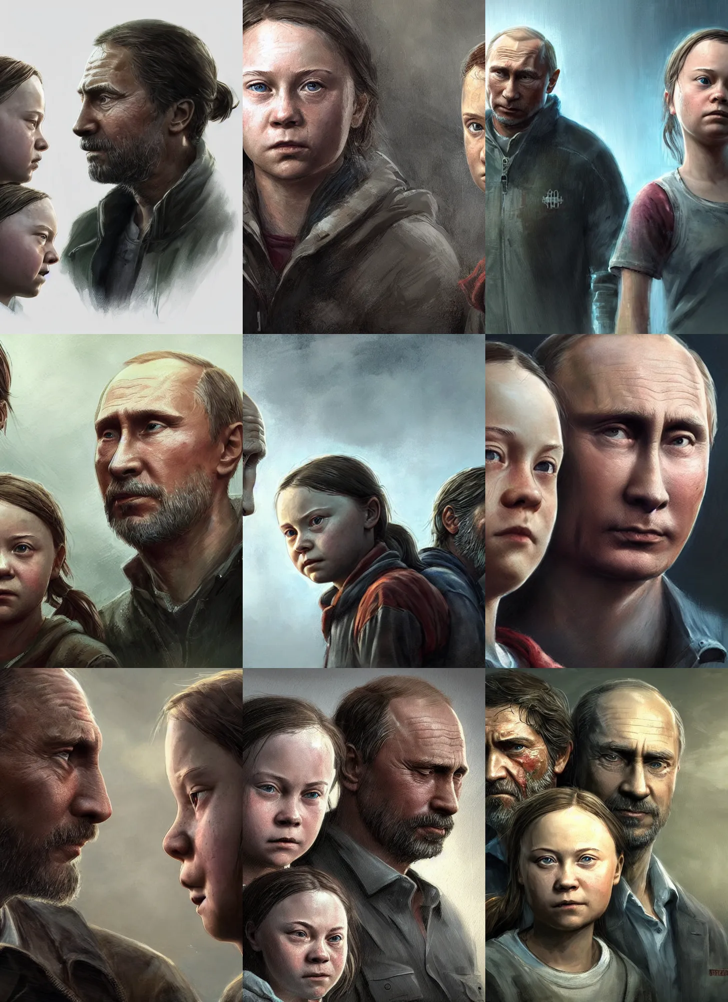 Prompt: close up portrait of vladimir putin and greta thunberg in the last of us, video game concept art by greg rutkowski