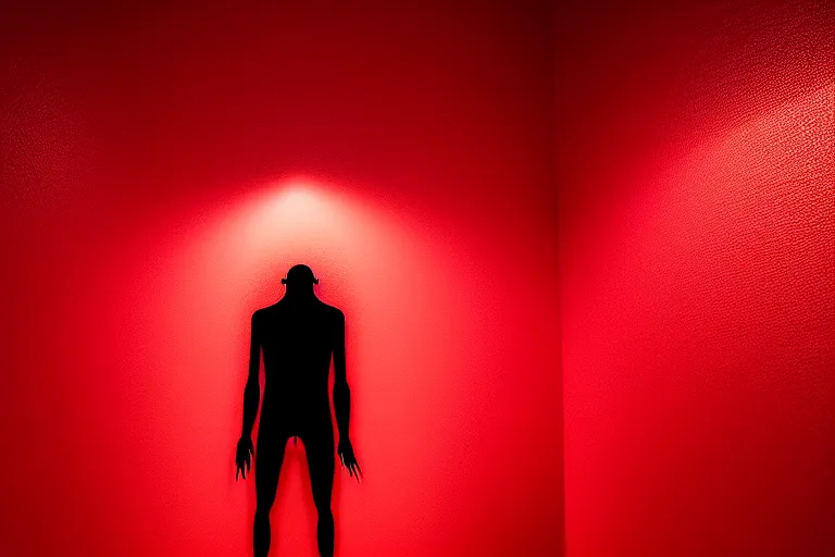 Image similar to hyperrealistic humanoid monster with pearlescent skin crawling out of a red room dramatic lighting on one side wide angle 35mm shallow depth of field 8k