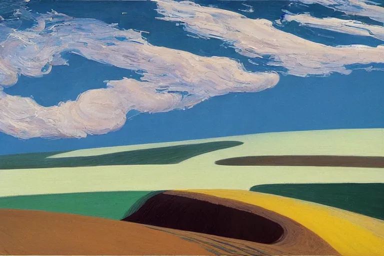 Image similar to Landscape painting. Organic. Winding rushing water. Waves. Clouds. Wayne Thiebaud