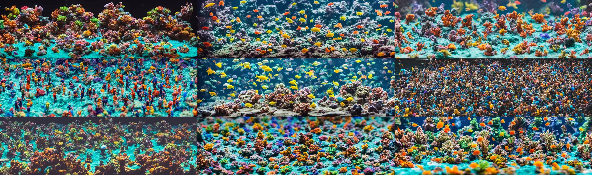 Prompt: photo still of miniature crowd on a huge aquarium, 8 k, studio lighting bright ambient lighting key light, 8 5 mm f 1. 8